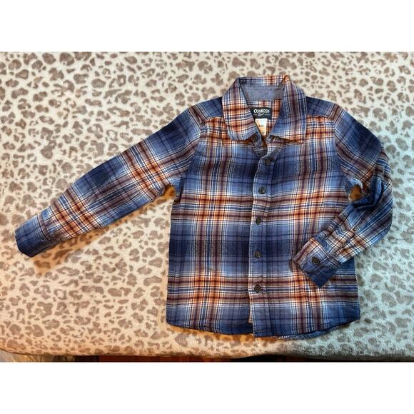 Oshkosh Boys Plaid Flannel Button Up Size 5, Blue Orange Fall Colors ￼ - Picture 1 of 2